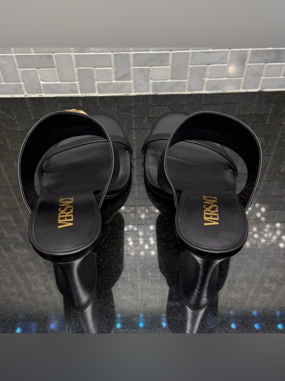 Versace Black Leather Platform Sandals Medallion Logo Slip On Women's EU 38 - Picture 4 of 7